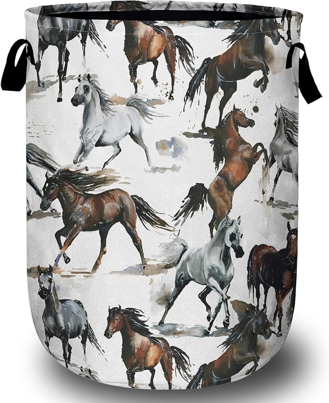 Watercolor Horse Laundry Basket, Foldable Waterproof Laundry Hamper Tote Bag Dirty Clothes Storage Bucket Toy Organizer for Bathroom/Laundry/Bedroom 15.7"x19.6"