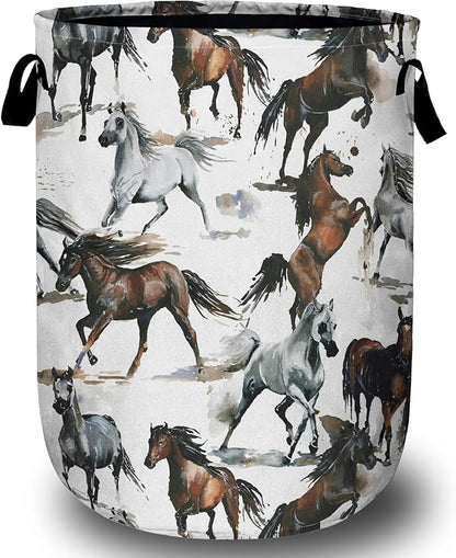 Watercolor Horse Laundry Basket, Foldable Waterproof Laundry Hamper Tote Bag Dirty Clothes Storage Bucket Toy Organizer for Bathroom/Laundry/Bedroom 15.7"x19.6"