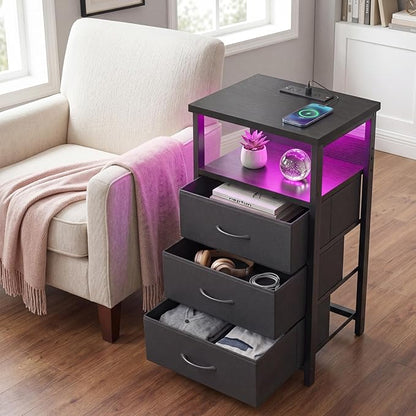 Fixwal Night Stand with 3 Fabric Storage Drawers, LED Nightstand with Charging Station, Bedside Table, Black