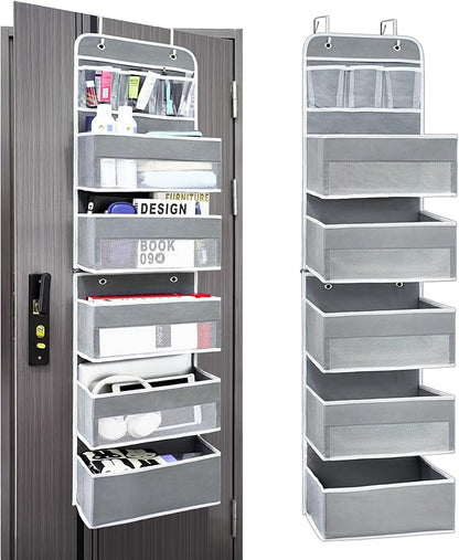 Easy Assembly Over The Door Organizer, 6 Shelves& 10 Side Pockets, Heavy-Duty Reinforced Mesh Rack Holds 44lb, Hanging Behind Door Storage for Bathroom Pantry, Nursery, Closet, Shoes, Towels-Grey