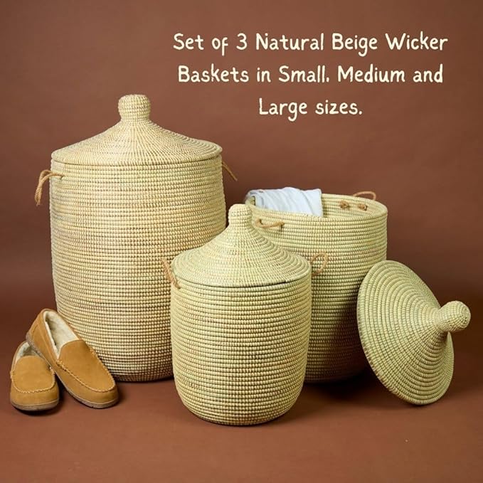 Natural Beige Laundry Basket with Hooded Lid, Bedroom Hamper, Nursery Toys Bin, Living Room Blankets Storage, Decorative, Wicker, Sturdy, Round, Handles, African, Hand Woven, Made in Senegal (Medium)