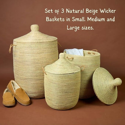 Natural Beige Laundry Basket with Hooded Lid, Bedroom Hamper, Nursery Toys Bin, Living Room Blankets Storage, Decorative, Wicker, Sturdy, Round, Handles, African, Hand Woven, Made in Senegal (Medium)