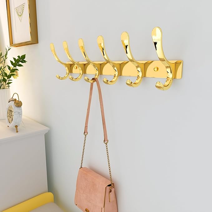 SKOLOO Heavy Duty Wall Mounted Coat Rack - 6 Hooks, Stainless Steel, Sturdy Coat Hooks for Hanging Coats, Jacket, Clothes, Hat, Bright Gold