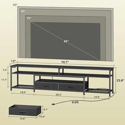 Huuger 79 Inch TV Stand for 85, 90 Inch TV, Entertainment Center with LED Lights and Power Outlets, TV Console with Drawers, Shelves, Type C, PU Leather Surface, for Living Room, Black