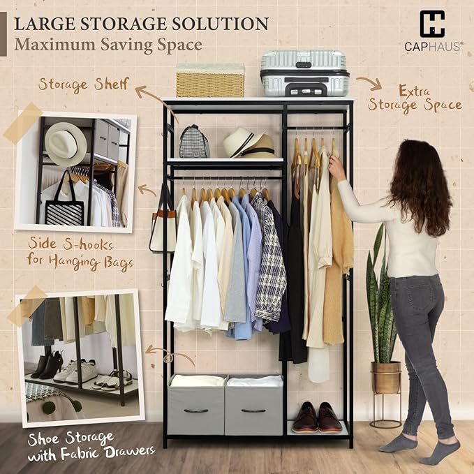 CAPHAUS 550lbs Capacity Garment Rack for Hanging Clothes, Heavy Duty Metal Open Wardrobe w/Hanging Rods & Drawers, Free Standing Closet Organizer, Metal Closet w/Wooden Boards, Black Vintage Board