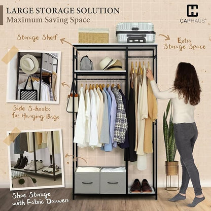 CAPHAUS 550lbs Capacity Garment Rack for Hanging Clothes, Heavy Duty Metal Open Wardrobe w/Hanging Rods & Drawers, Free Standing Closet Organizer, Metal Closet w/Wooden Boards, Rustic Oak Board