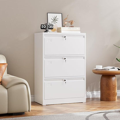 Lateral File Cabinet 3 Drawer,Metal Filing Cabinet with Locks and Business Card Slot for Home Office Hanging Letter/Legal Size Folders,Required Assembly,White