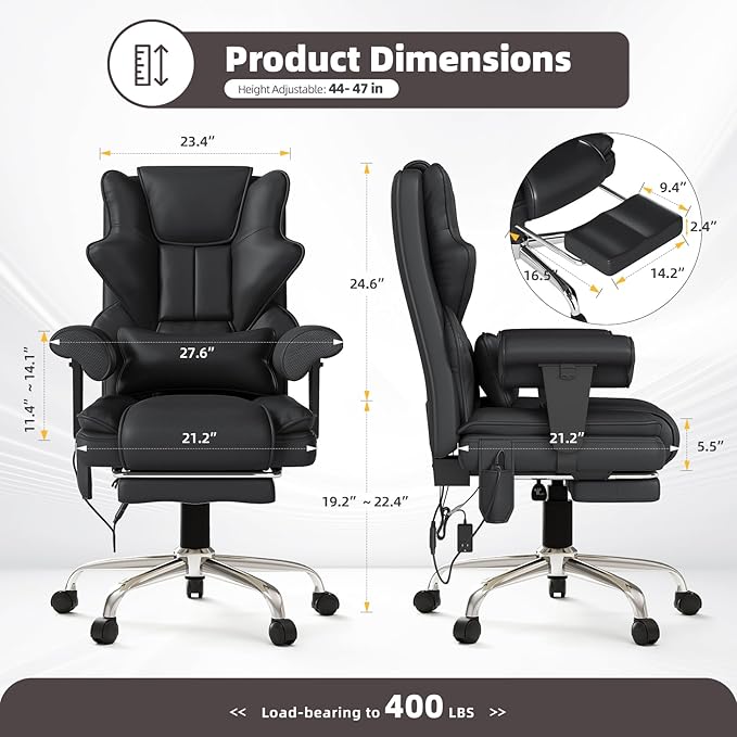 7-Point Massage Office Chair,Heated Manageral Chair,Ergonomic Executive Chair with Footrest,Adjustable Armrest，Computer Chair for Offices, Study Areas, Gaming Spaces,Black