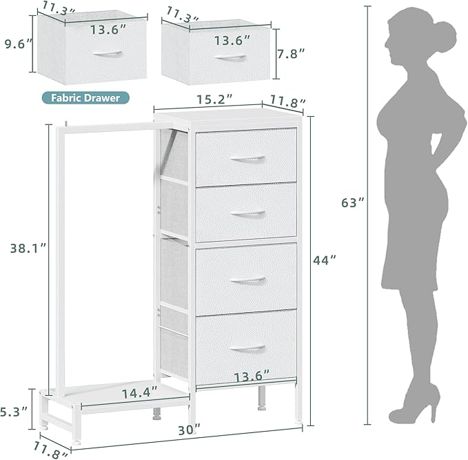Dresser with Hanging Rack, 4 Drawers Small Closet for Bedroom, Reversible Fabric Kids Chest of Drawers with Clothes Rack, Tall Storage Tower, Sturdy Frame, White, 44''H