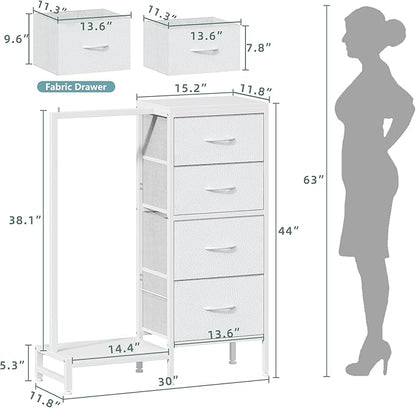 Dresser with Hanging Rack, 4 Drawers Small Closet for Bedroom, Reversible Fabric Kids Chest of Drawers with Clothes Rack, Tall Storage Tower, Sturdy Frame, White, 44''H