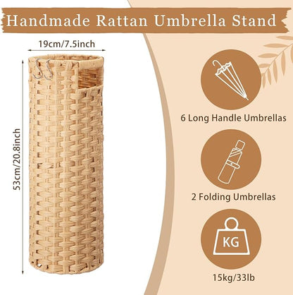 Lounsweer 20.8" H Extra Tall Rattan Umbrella Stand, Hand Woven Umbrella Rack Organizer Freestanding with Detachable Drip Tray and 2 Hooks, Bucket for Home, Entryway, Mud Room, Office, 7.5" L x 7.5" W