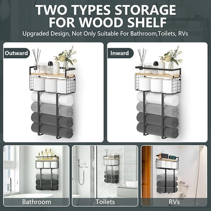 Towel Racks for Bathroom, Metal Towel Holder with Storage Basket,Wall Towel Rack for Rolled Towels, Towel Storage for Small Bathroom.