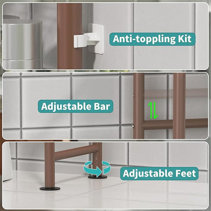3-Tier Over The Toilet Storage Organizer, Space-Saving Bathroom Rack with Paper Holder & 4 Hooks, 64" Tall Freestanding Carbon Steel Shelf for Small Apartment Laundry Room (Bronze)