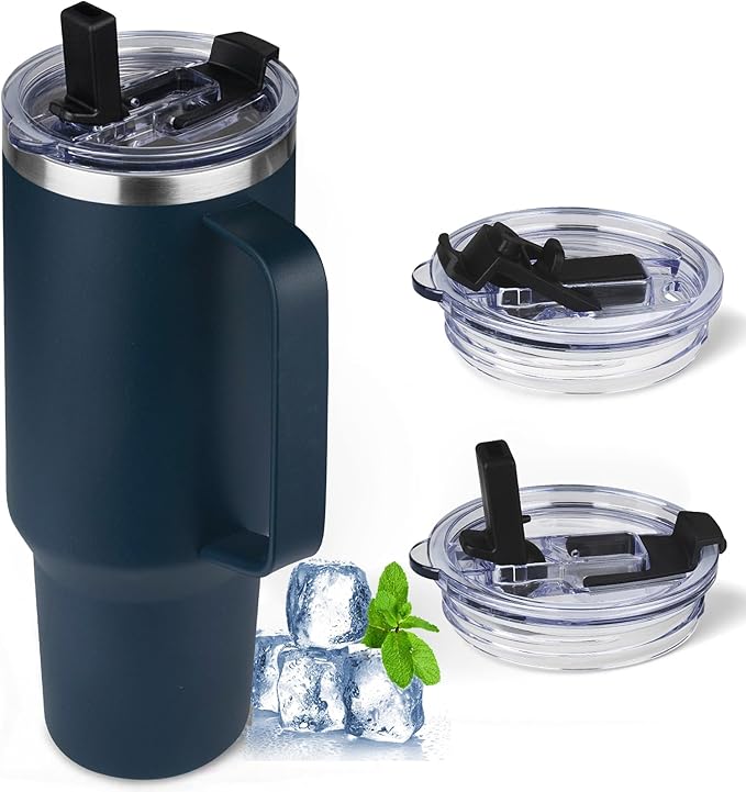 40 oz Tumbler with Handle and Flip Straw, 100% Leakproof Insulated Tumbler with Lid and Straw, Stainless Steel Travel Coffee Mug, Insulated Coffee Thermal Cup for Cold and Hot (Deep Blue)