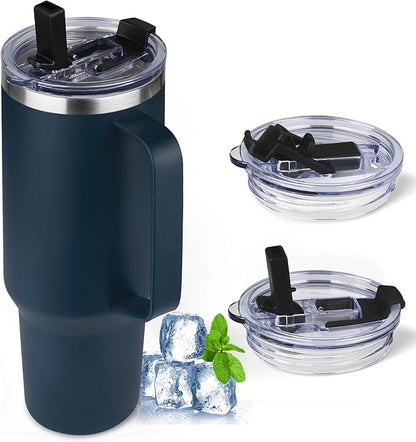 40 oz Tumbler with Handle and Flip Straw, 100% Leakproof Insulated Tumbler with Lid and Straw, Stainless Steel Travel Coffee Mug, Insulated Coffee Thermal Cup for Cold and Hot (Deep Blue)
