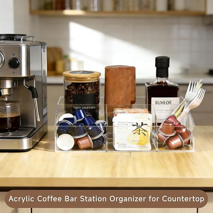 Acrylic Coffee Bar Station Organizer for Countertop Office Breakroom, Clear Tea Snack Storage Coffee Capsule Pod Holder for Kcup Condiment Sugar Creamer Syrup, Easter Gift for Coffee Lovers