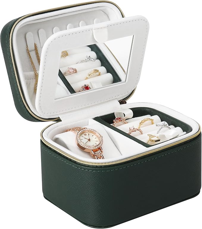 DesignSter Travel Jewelry Case,Small Jewelry Box with Mirror,Leather Material Travel Jewelry Case Organizer, Portable Jewelry Organizer with Zipper(Green