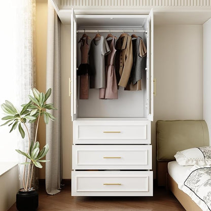 FUFU&GAGA Wardrobe Closet with Glass Doors, 3 Drawers, Modern White Bedroom Armoire with Gold Handles, Modern Clothes Storage Cabinet with Shelf, Hanging Rod, 31.7”W x 19.3”D x 74.8”H