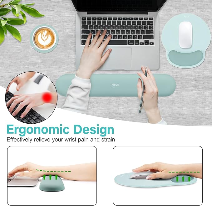MOSISO Wrist Rest Support for Mouse Pad&Keyboard Set, Circle Curved Ergonomic Mousepad&Coaster Non-Slip Base Home/Office Pain Relief&Easy Typing Pad with Soft Cloth&Silicone Lining, Aquamarine