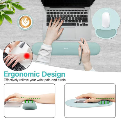 MOSISO Wrist Rest Support for Mouse Pad&Keyboard Set, Circle Curved Ergonomic Mousepad&Coaster Non-Slip Base Home/Office Pain Relief&Easy Typing Pad with Soft Cloth&Silicone Lining, Aquamarine