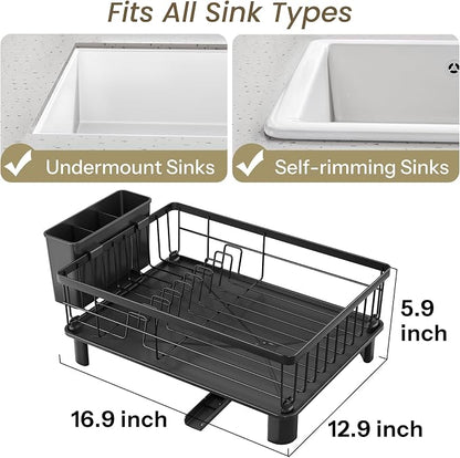 SNTD Dish Drying Rack - Small Dish Rack for Kitchen Counter, Stainless Steel Dish Drainer with Utensil Holder and Drainboard, 12.9" W x 16.9" L (Black)