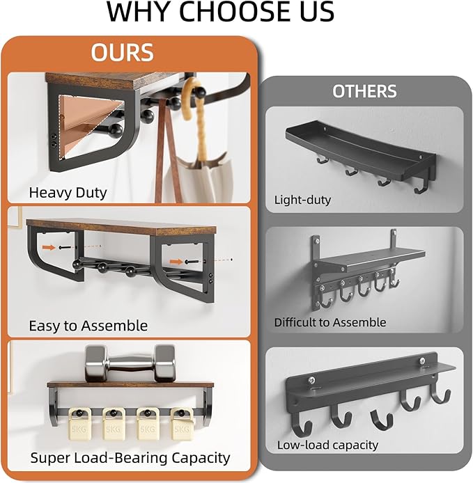 Coat Rack Wall Mount, Wood Wall Shelf with Hooks, Coat Hanger Wall Mount with 4 Metal Hooks, Wall Mounted Coat Rack Organizer for Entryway, Bedroom, Living Room, Room Decor, Brown 2 Pack