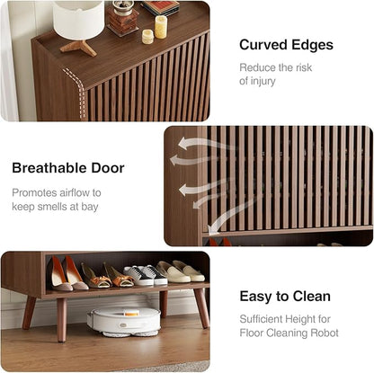 Large Shoe Cabinet with Grille Doors, 6 Tier Wooden Shoe Storage Cabinet with Adjustable Shelves, Mid-Century Freestanding Shoe Organizer Cabinet for Entryway, Hallway, Walnut