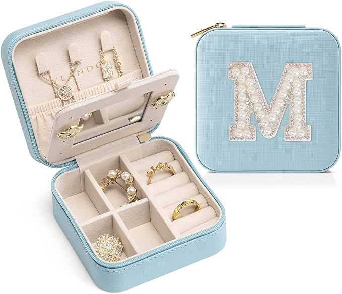 Vlando Travel Jewelry Case for Women Girls, L Initial Travel Jewelry Case, Small Jewelry Box, Personalized Mini Jewelry Box, Birthday Gifts for Women Mom Grandma - Letter M, Blue