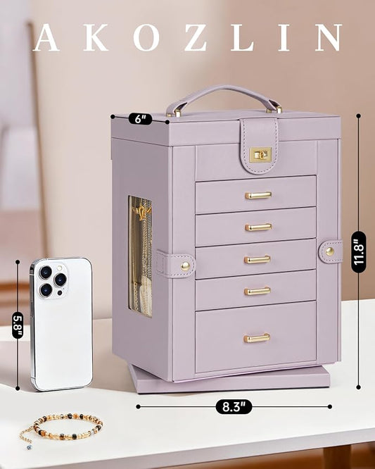 AKOZLIN 6-Tier Jewelry Box Organizer Functional 5 Drawers Leather Jewelry Storage Case for Women Girls Ring Necklace Earring Bracelet Holder Organizer with Mirror Purple 360° Rotating