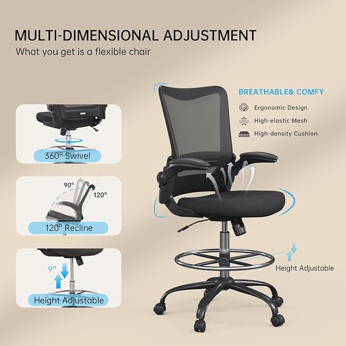 Ergonomic Drafting Chair for Standing Desk, Tall Office Chair with Height Adjustable Arms & Foot Ring, High Back Mesh Counter Stool with Rocking Function
