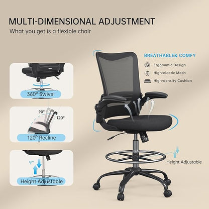 Ergonomic Drafting Chair for Standing Desk, Tall Office Chair with Height Adjustable Arms & Foot Ring, High Back Mesh Counter Stool with Rocking Function