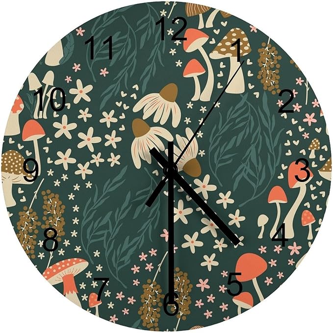 Botanical Wood Wall Clock, Cartoon Green Botanical Floral Leaves Mushroom Plant 12 Inch Silent Non-Ticking Battery Operated Round Clock for Bedroom Living Room Office Kitchen Decor