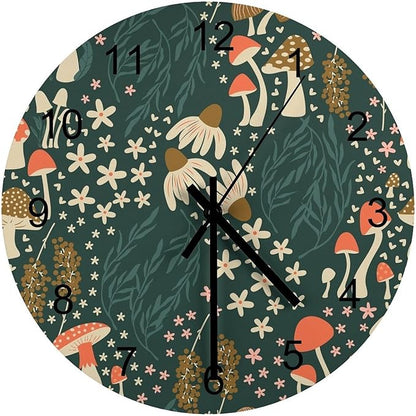 Botanical Wood Wall Clock, Cartoon Green Botanical Floral Leaves Mushroom Plant 12 Inch Silent Non-Ticking Battery Operated Round Clock for Bedroom Living Room Office Kitchen Decor