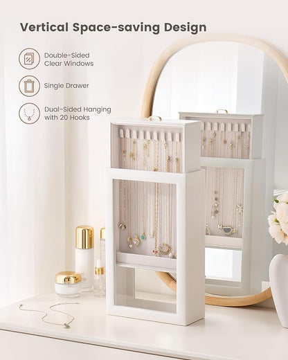 Lolalet Upgraded Double-Sided Hanging Necklace Organizer Box, Jewelry Display Case with Double-Sided Clear Window for Necklaces Bracelets, Tangle-Free Necklace Storage Box, White, 1-Layer 20 Hooks