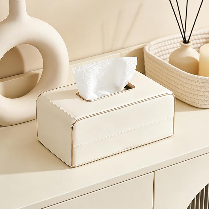 Begei Rectangular Resin Leather Tissue Box Cover for Home Decor, Modern Heavy Tissue Box Holder for Bathroom Countertop, Tabletop, Night Stand, Vanity Table, Office, Beige