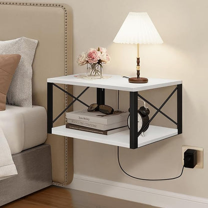 Homode Floating Night Stand, Modern Bedside Shelf Wall Mount, Wood Hanging Nightstand with Wire Hole, Floating Side Table for Bedroom Bathroom Living Room Small Places, White