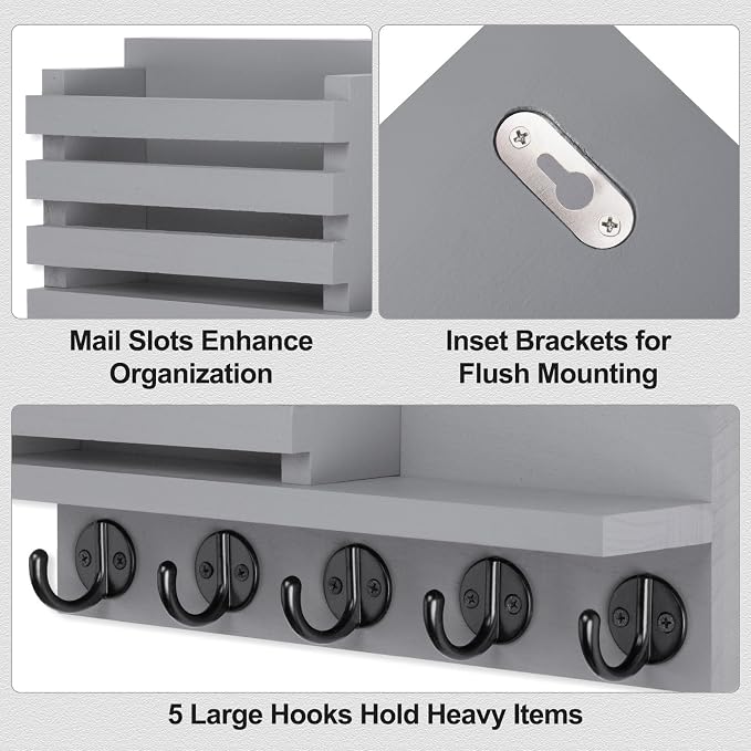 Lwenki Key Holder for Wall – Decorative Wooden Mail Holder and Key Shelf with Mounting Hardware, Installation Guide – Paulownia Wood with Metal Key Hooks (Gray, Large - 11.8inch)