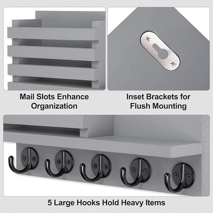 Lwenki Key Holder for Wall – Decorative Wooden Mail Holder and Key Shelf with Mounting Hardware, Installation Guide – Paulownia Wood with Metal Key Hooks (Gray, Large - 11.8inch)