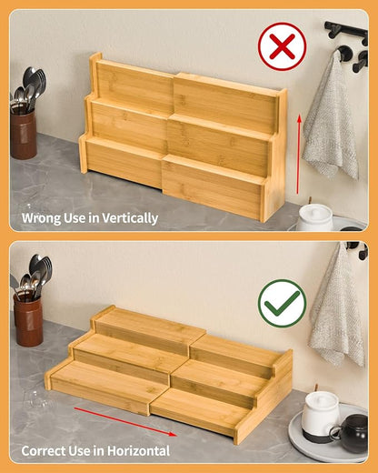 VenDotbi Spice Rack, 3-Tier Expandable Bamboo Spice Rack Organizer for Cabinet, Kitchen, Pantry and Cupboard Storage Organizer(2pack)