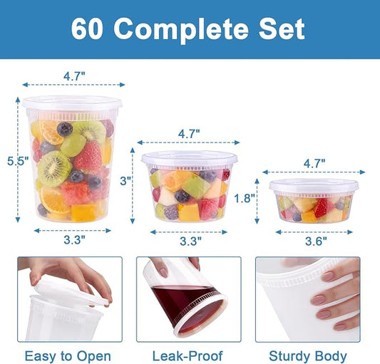 Lamosi 60 Sets Deli Containers with Lids, 8/16/32 oz Quart Containers BPA Free, Airtight Takeout Plastic Food Storage Container, Stackable Leakproof Microwave & Freezer Safe for Soup, Sauce & Leftover