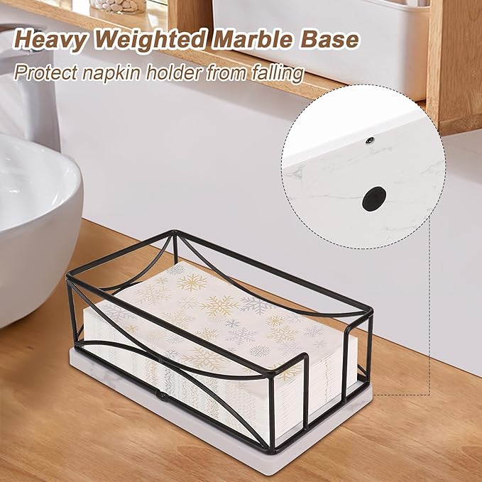 Livabber Guest Napkin Holder, Metal Bathroom Paper Hand Towel Storage Modern Napkin Tray Caddy for Countertop, Table Kitchen, Dinning Room (Black, Marble Base)
