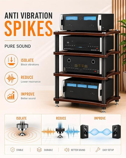 Heavy Duty Audio Component Rack, Large Storage Space AV Media Stand with Shock-Absorbing Foot pegs, Audio Rack Tower CD Player Stand for Home/Office/Audio Video/Theate (Black, 2nd)