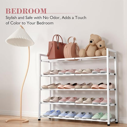Bumusty 5-Tier Expandable Shoe Rack for Closet, 18“-33” Adjustable Shoe Rack for Small Space, Small Shoe Organizer for Front Door, Sturdy Metal (White)