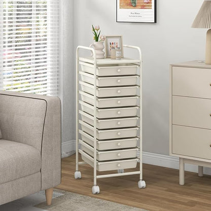 COSTWAY 10-Drawer Rolling Storage Cart, Utility Mobile Trolley with Removable Drawers & Universal Casters & 2 Brakes, Versatile Flexible Drawer Organizer Cart for Home, Office, White