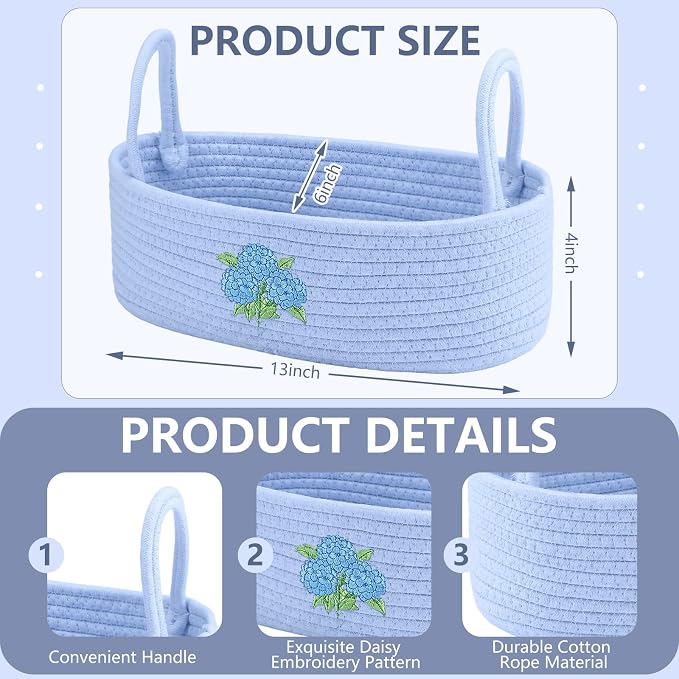 Vesici Hydrangea Toilet Paper Basket Boho Woven Cotton Rope Bathroom Countertop Organizer with Handle Blue Hydrangea Bathroom Storage Decor for Toilet Closet Bedroom Nursery, 13 x 6 x 4 Inch