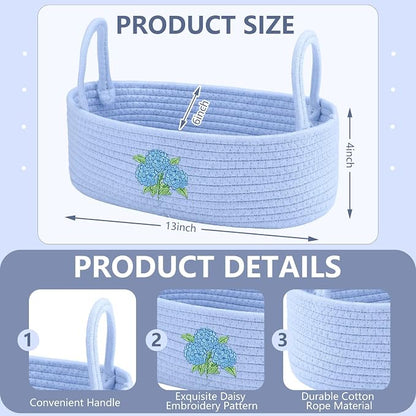 Vesici Hydrangea Toilet Paper Basket Boho Woven Cotton Rope Bathroom Countertop Organizer with Handle Blue Hydrangea Bathroom Storage Decor for Toilet Closet Bedroom Nursery, 13 x 6 x 4 Inch