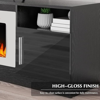 LEMBERI 70" Black TV Stand with 36" White Electric Fireplace, 750W/1500W Entertainment Center for TVs up to 80", 20-Color LED, 300lbs Max Capacity High Gloss Cabinet, Two-Tone Style