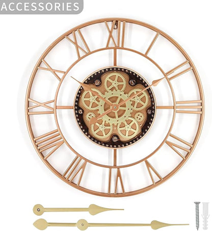 24 Inch Large Wall Clocks for Living Room Decor with Moving Gears,Large Wall Clock Industrial Steampunk,Oversized Metal Analog Wall Clocks for Farmhouse Home Battery Operated