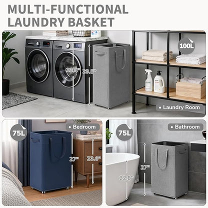 CHICVITA Laundry Basket with Wheels, 75L Slim Laundry Hamper with Removable Wash Bag for Bedroom, Clothes Hampers for College Dorm, Light Grey