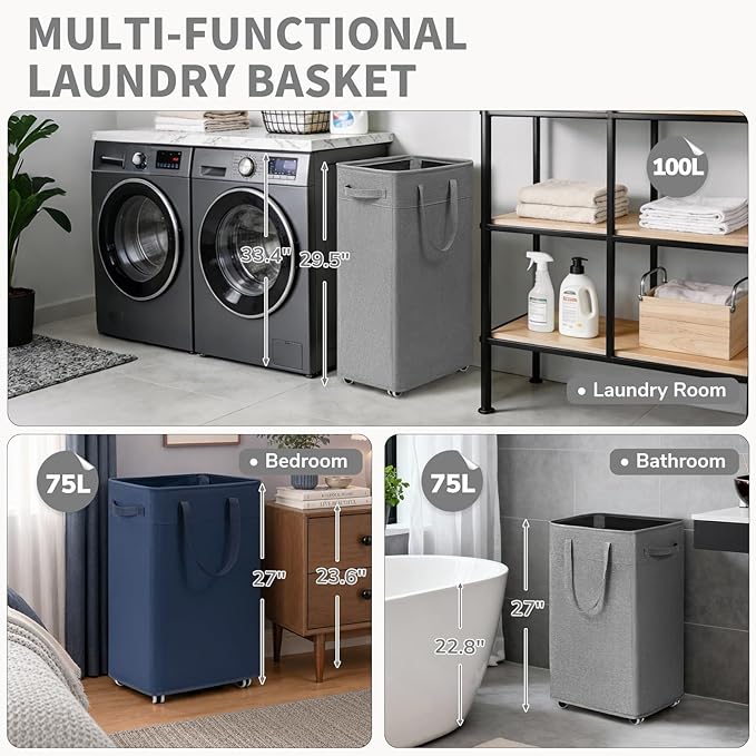 CHICVITA 100L Laundry Basket with Wheels, Slim Laundry Hamper with Removable Wash Bag for Bedroom, Clothes Hampers for College Dorm, Light Grey